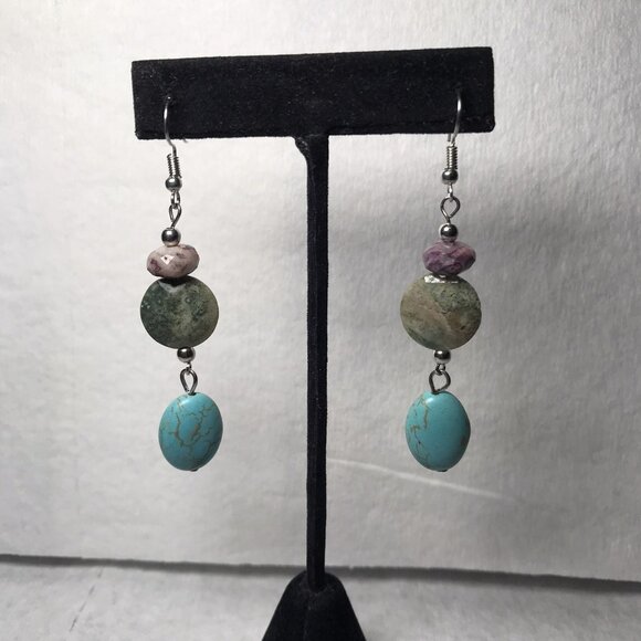 Handmade Faux Turquoise & Stone Dangle Earrings Boho Chic Jewelry - Picture 1 of 4